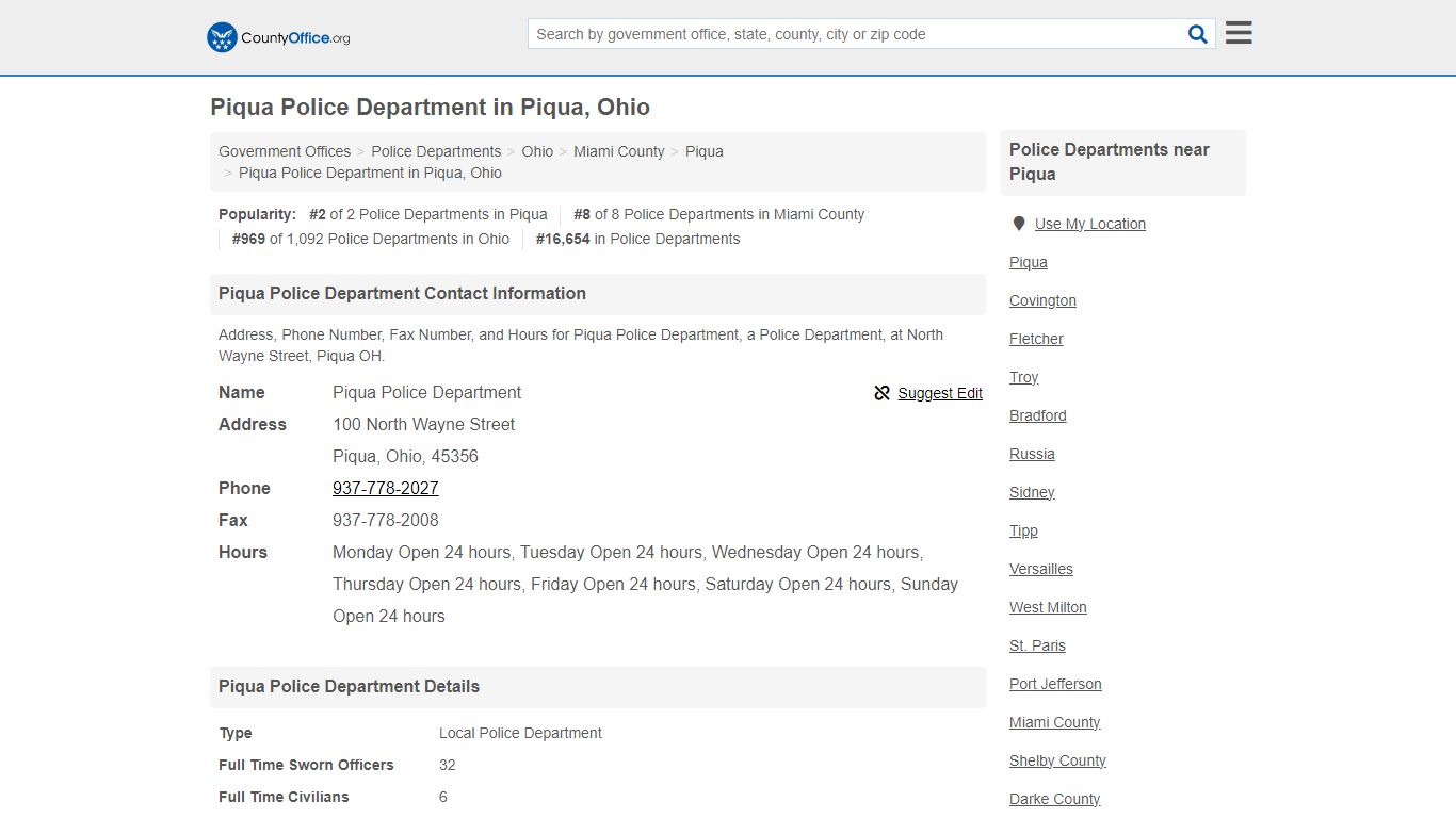 Piqua Police Department in Piqua, Ohio - County Office